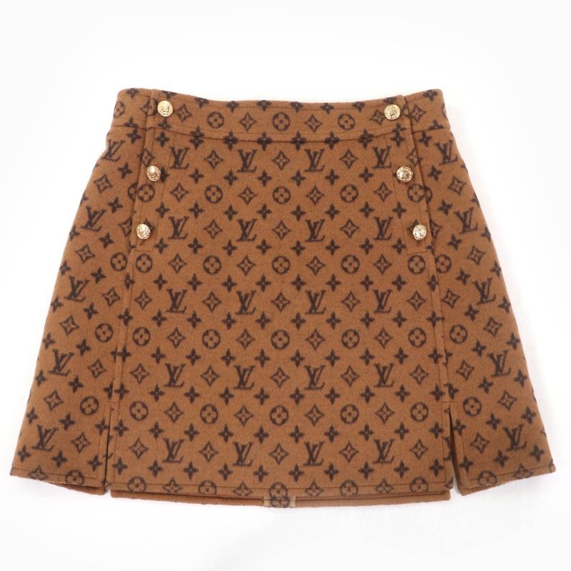 Louis Vuitton 22 SS Wool Silk Monogram Gold Button Trapeze Miniskirt Brown 40