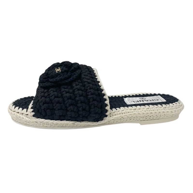 Chanel Sandals Shoes Fabric Black White Coco Mark Camellia Knit Flat Mule