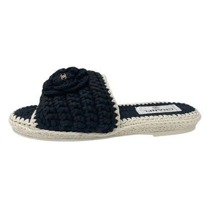 Chanel Sandals Shoes Fabric Black White Coco Mark Camellia Knit Flat Mule