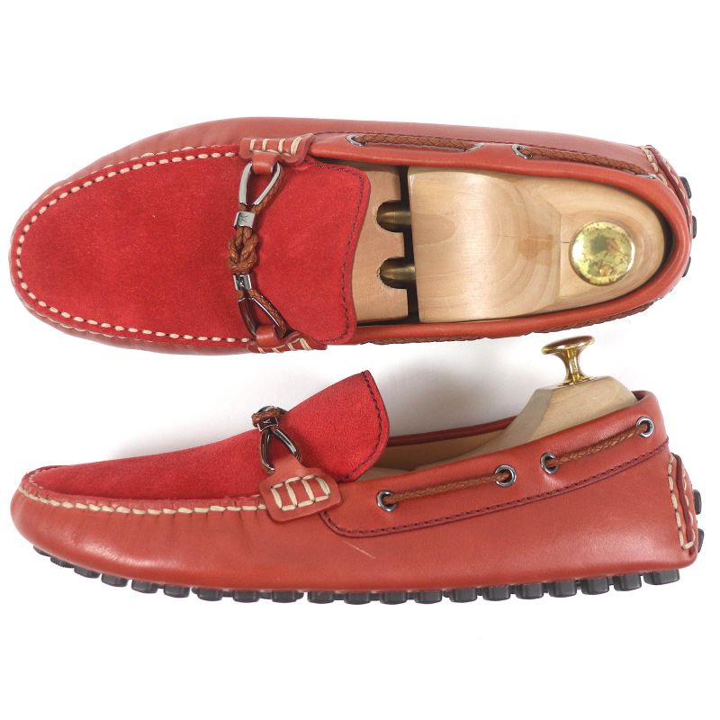 Louis Vuitton LV Logo Hardware Suede Leather Loafers Driving Shoes Red 6.5 Made