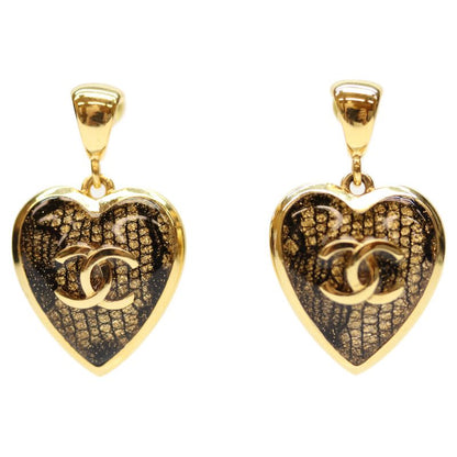 Chanel C24K Gold Black Heart Lace Design Coco Mark Earrings