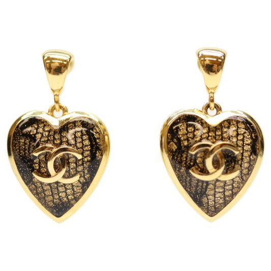 Chanel C24K Gold Black Heart Lace Design Coco Mark Earrings