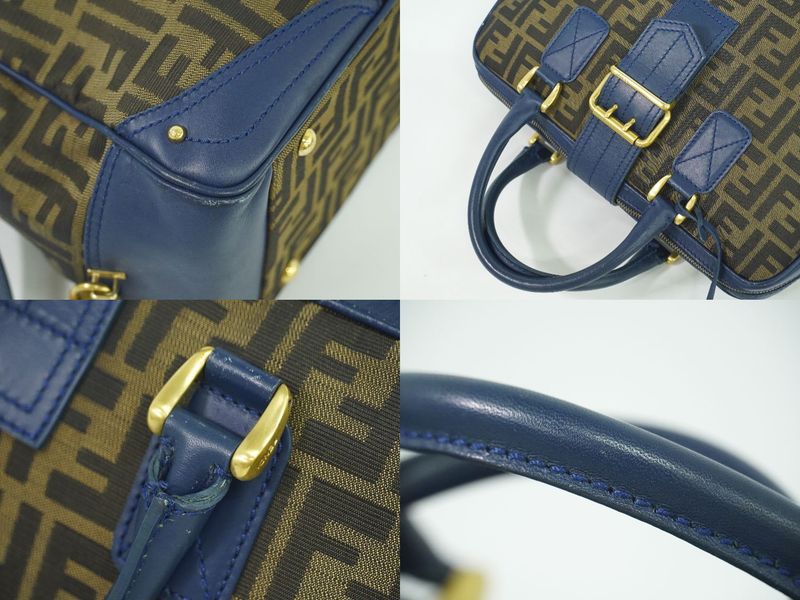 Authentic Fendi Zucca Handbag Canvas Brown Blue 8bn069 Zucca Bag Pre-owned