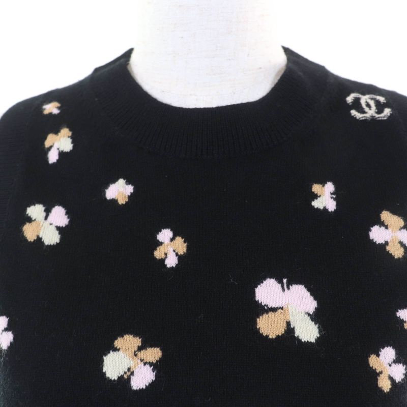 CHANEL 24SS P76928k11094 Cashmere Clover Coco Mark Knit Vest Top Black 36 Made