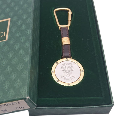 Gucci Vintage Key Holder Charm Leather Brown Gold Silver
