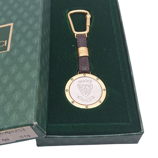 Gucci Vintage Key Holder Charm Leather Brown Gold Silver