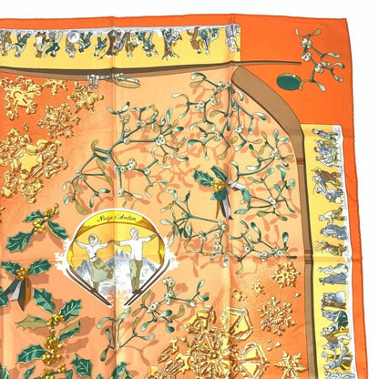Hermes Carre 90 Neige D'antan Last Year's Snow Orange Scarf 100% Silk