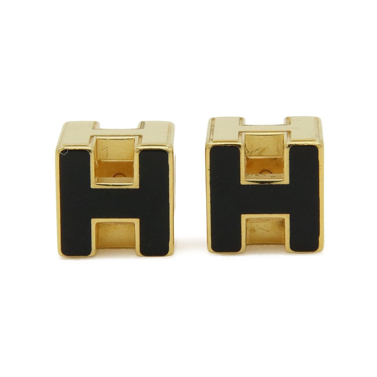 Hermes Cage Ash Cube H Logo Earrings Black Gold