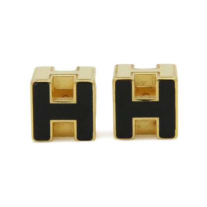 Hermes Cage Ash Cube H Logo Earrings Black Gold