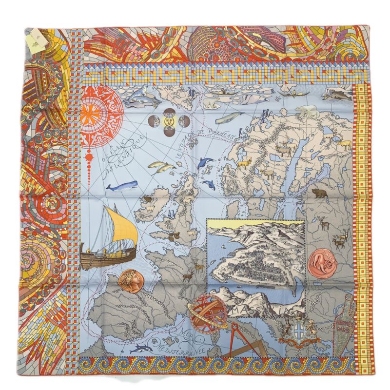 Hermes Carre 90 Le Voyage De Pytheas Scarf With Box Multicolor 100% Silk