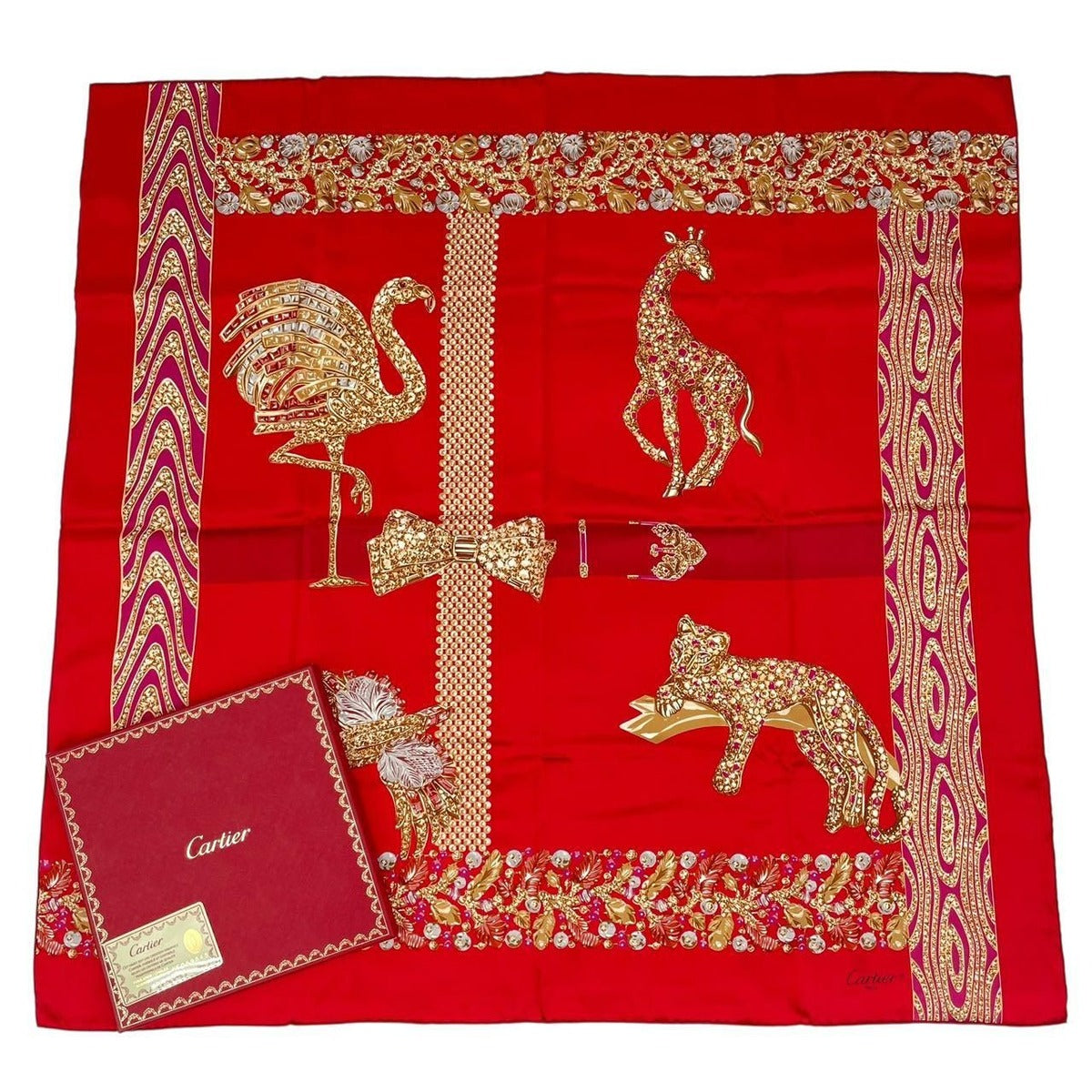 Cartier Cartie Scarf Large Silk Animal Pattern Leopard Print Red