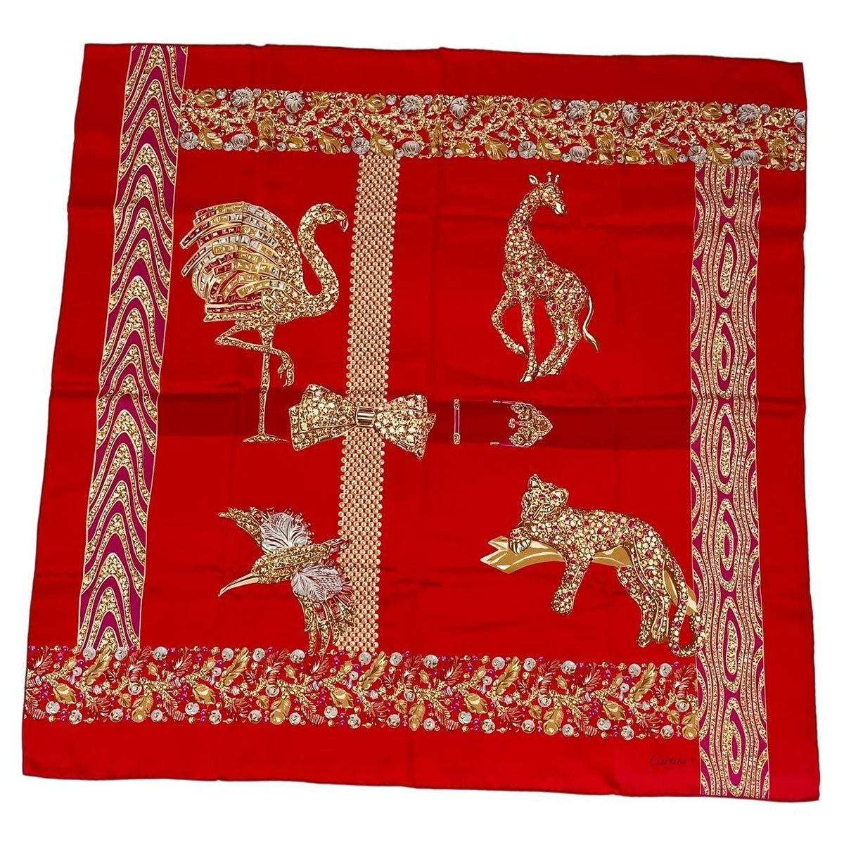Cartier Cartie Scarf Large Silk Animal Pattern Leopard Print Red — view 2