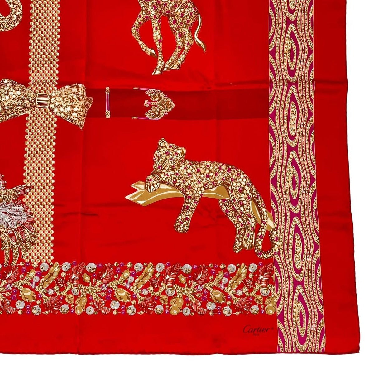 Cartier Cartie Scarf Large Silk Animal Pattern Leopard Print Red — view 6