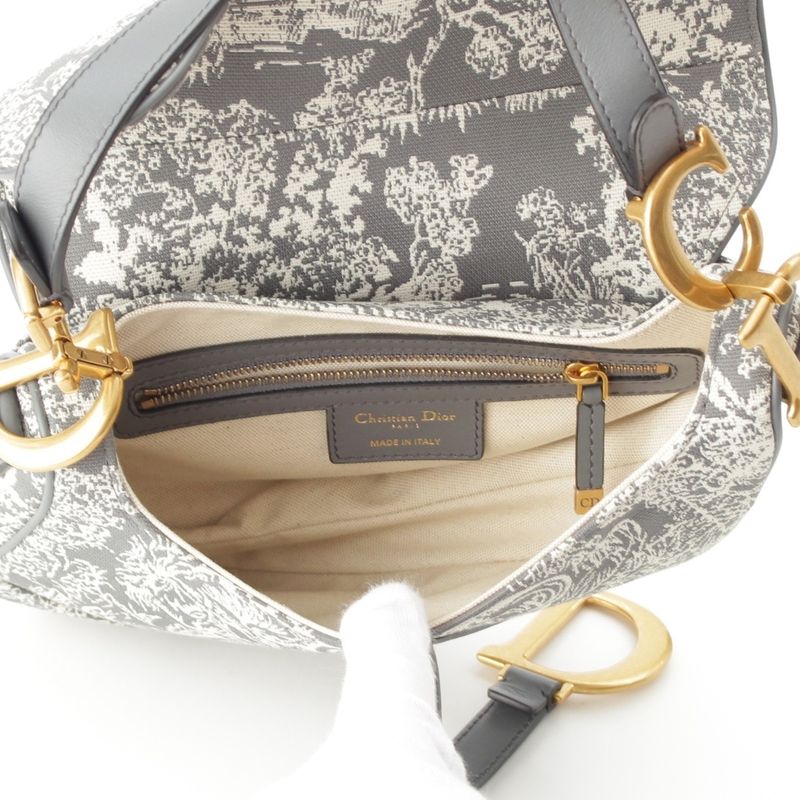 Dior Cotton Toile De Jouy Embroidered Saddle Shoulder Bag Gray