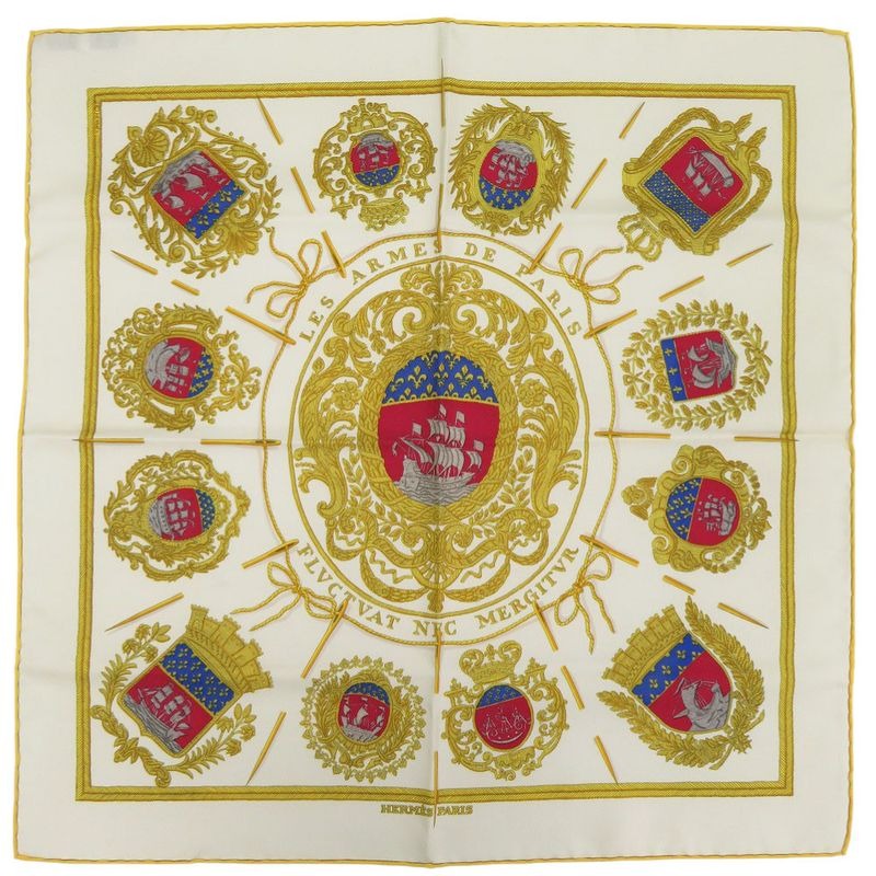 Hermes Carre 45 Petit Paris Coat Of Arms LES Armes de Silk Cream