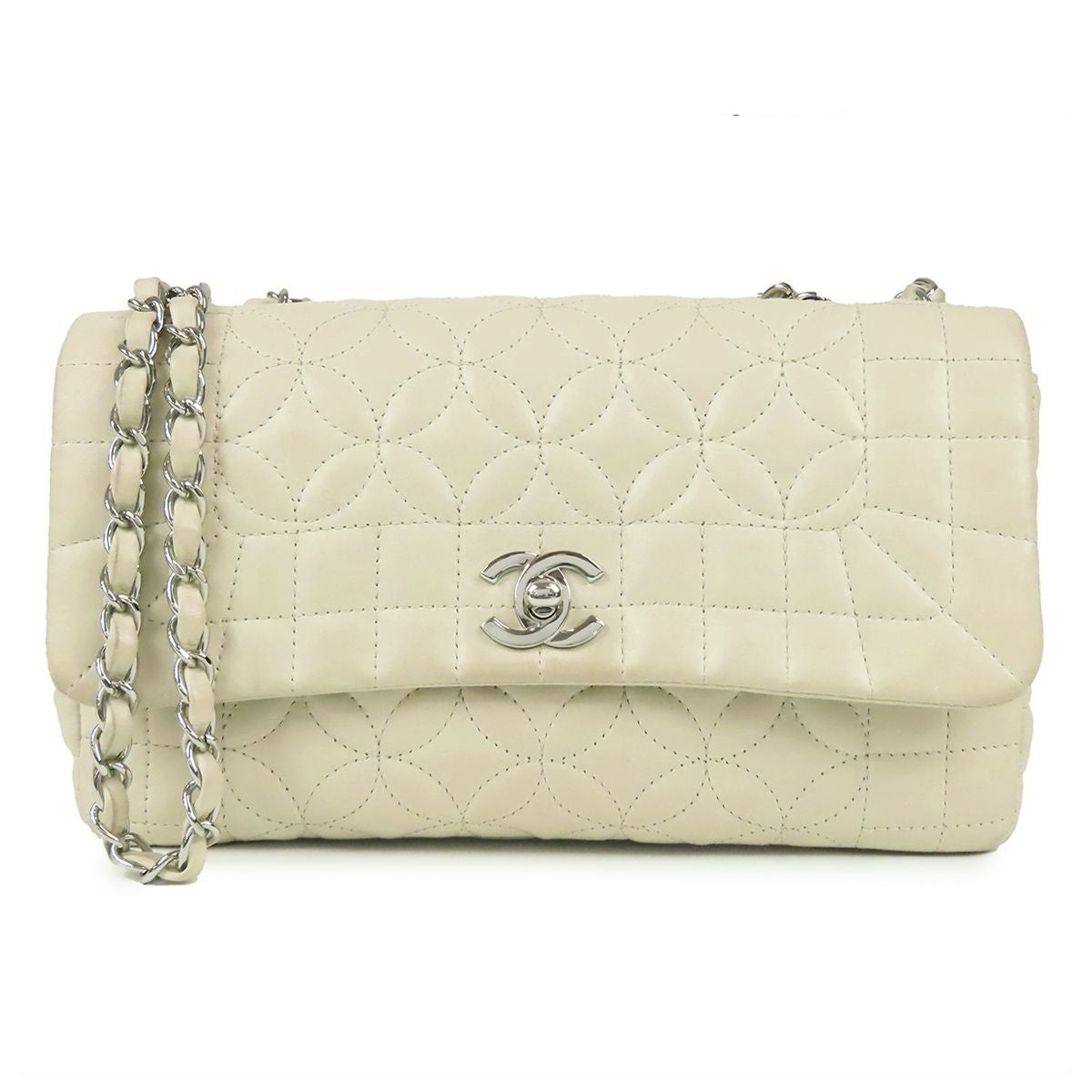 Chanel Chain Shoulder Bag Ivory Silver Lambskin
