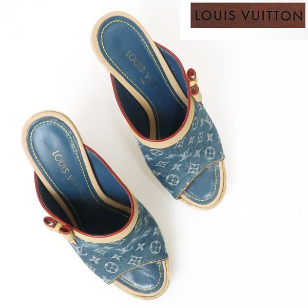 Louis Vuitton Monogram Denim Wedge Sole Sandals 36 Espadrilles