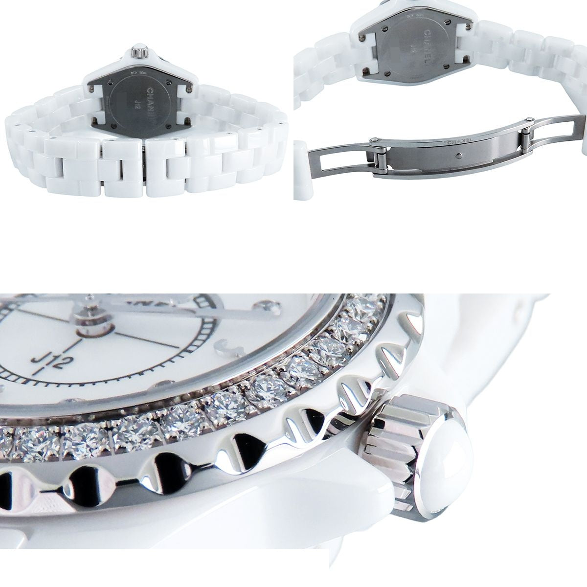 Chanel White Shell Diamond Ceramic SS Bezel Box Watch — view 7