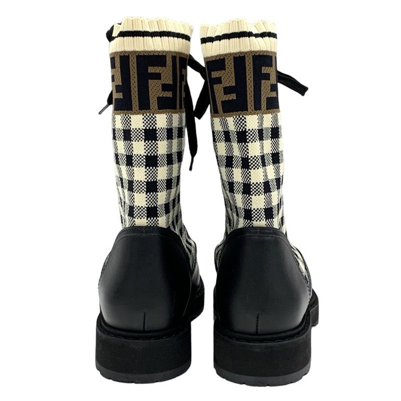 Fendi Rococo Boots Short Boots Shoes Zucca Check Lace Up Leather Fabric Black
