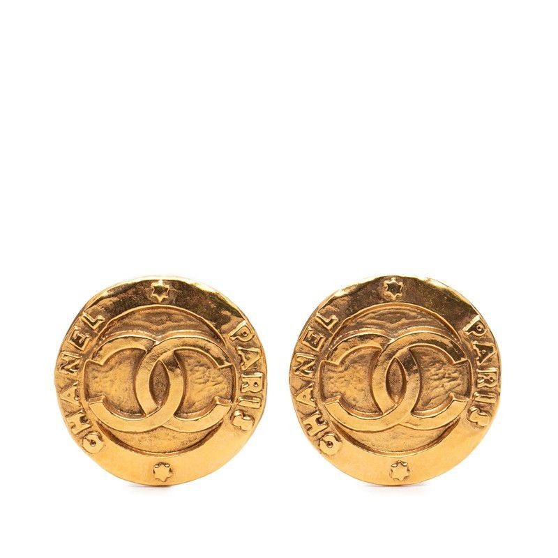 Chanel CC Logo Round Circle Earrings Gold Plated
