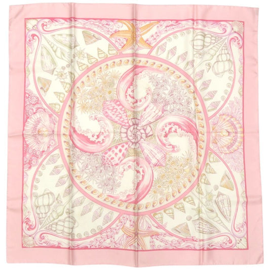 Hermes Carre 90 Parures Oceanes Sea Silk Pink Scarf White