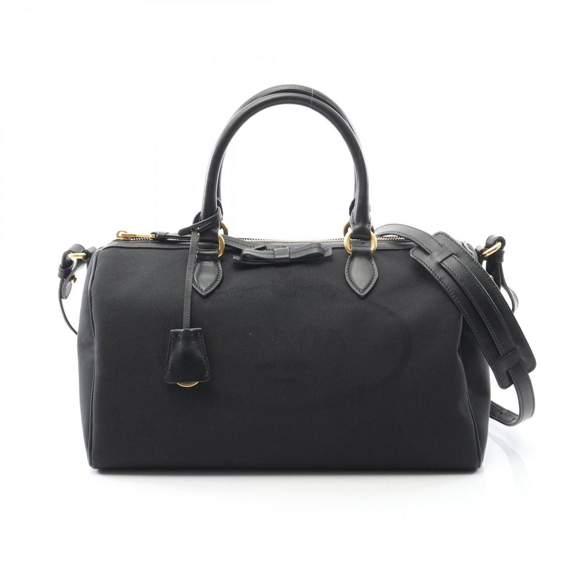 Prada Handbag Logo Jacquard Black Canvas Leather 2-Way Boston Bag