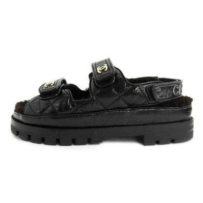 Chanel Sandals 23 K boa Rhinestone Coco Mark 38 Black Leather