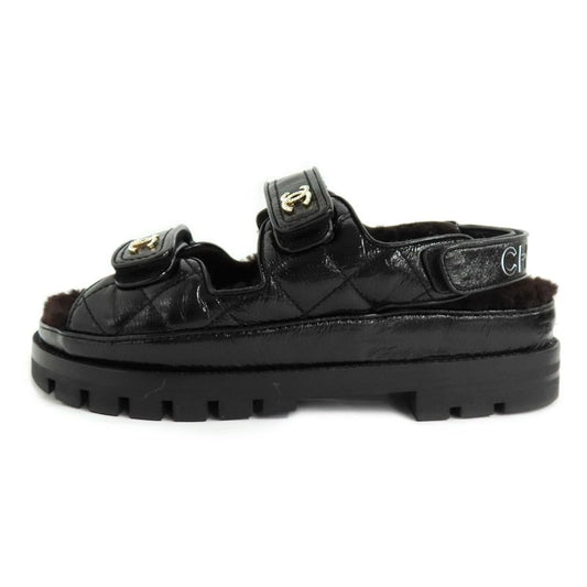 Chanel Sandals 23 K boa Rhinestone Coco Mark 38 Black Leather
