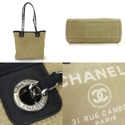 Chanel Tote Bag PM Chain Shoulder Deauville 16th Canvas Beige Black Silver