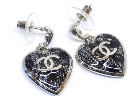 Item Chanel Earrings - C24K Coco Mark Heart Black X Silver Ladies Chanel □7G
