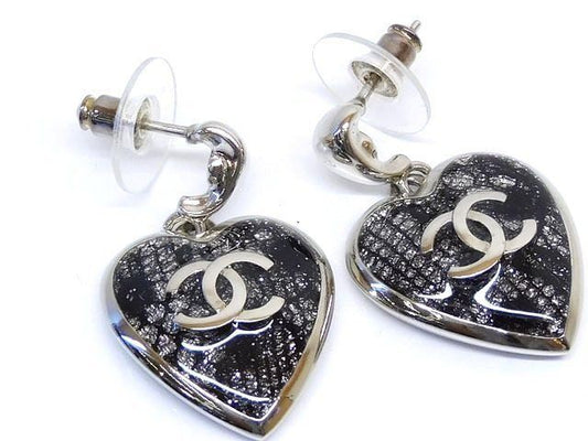 Item Chanel Earrings - C24K Coco Mark Heart Black X Silver Ladies Chanel □7G