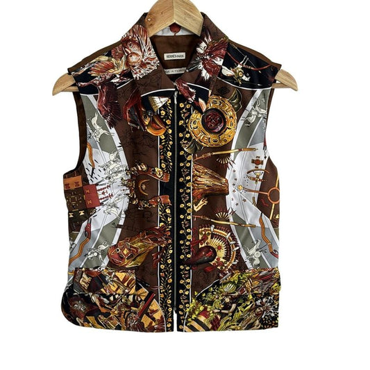 Hermes Vest Size 36 S Women's - Dark Brown And Gray And Multi Silk/zip Up/cotton