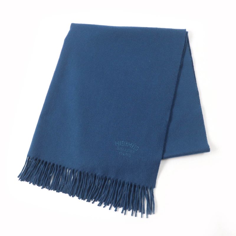 Hermes 100% Cashmere Logo Embroidered Fringed Large Scarf Shawl Scarf Blue Women
