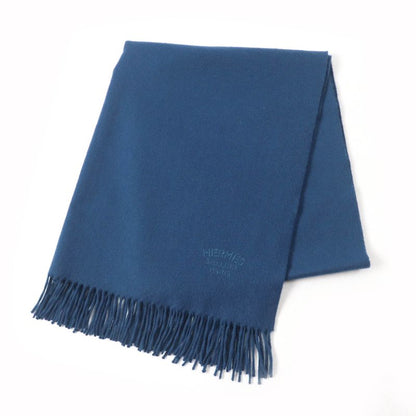 Hermes 100% Cashmere Logo Embroidered Fringed Large Scarf Shawl Scarf Blue Women