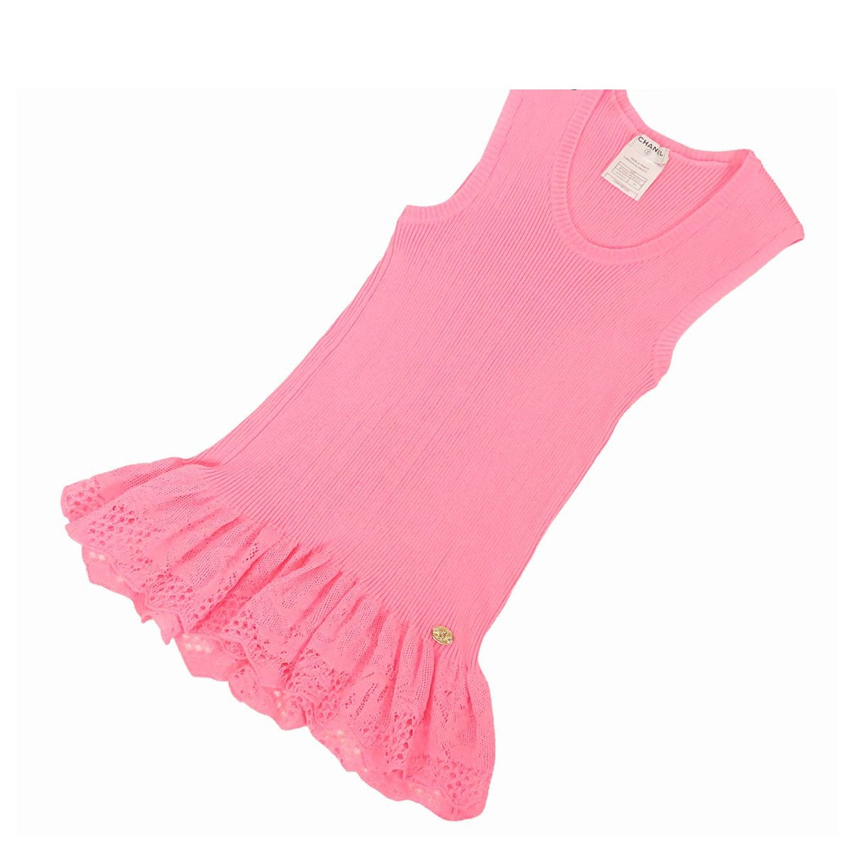 Chanel Sleeveless Knit Pink Cotton Nylon Rib Sweater Top Ruffle Lace CC Logo