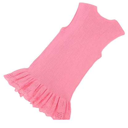 Chanel Sleeveless Knit Pink Cotton Nylon Rib Sweater Top Ruffle Lace CC Logo — view 2