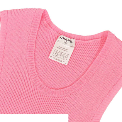 Chanel Sleeveless Knit Pink Cotton Nylon Rib Sweater Top Ruffle Lace CC Logo — view 3