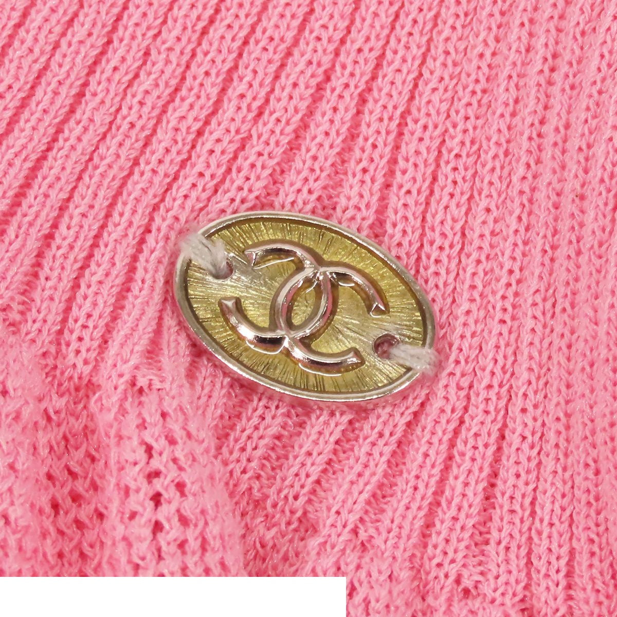 Chanel Sleeveless Knit Pink Cotton Nylon Rib Sweater Top Ruffle Lace CC Logo — view 4