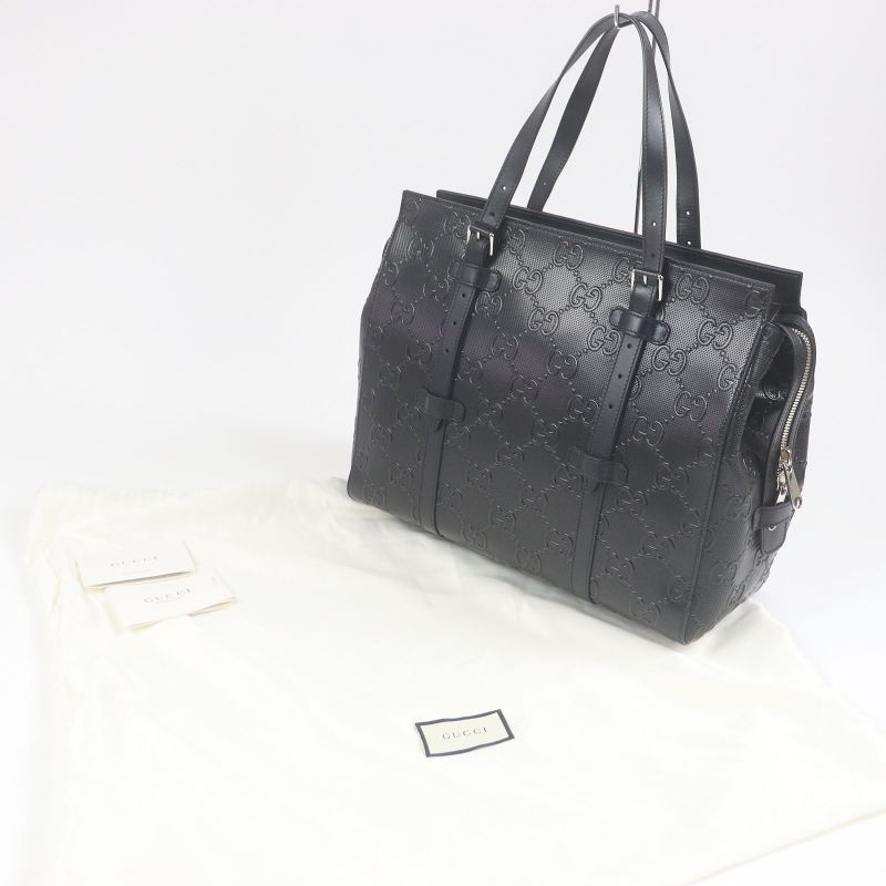 Gucci 625774 Leather GG Embossed Tote Bag Briefcase Business Bag Black Storage