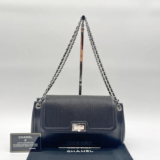 Chanel Shoulder Bag 2.55 Leather Black Chain with Turnlock Shield Card
