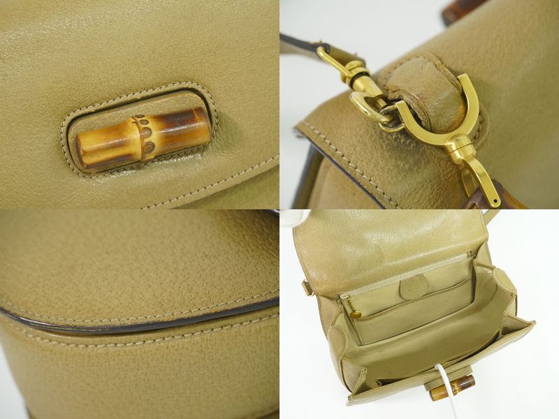 Authentic Gucci Bamboo 2WAY Shoulder Bag Handbag Pochette Leather Beige Bamboo