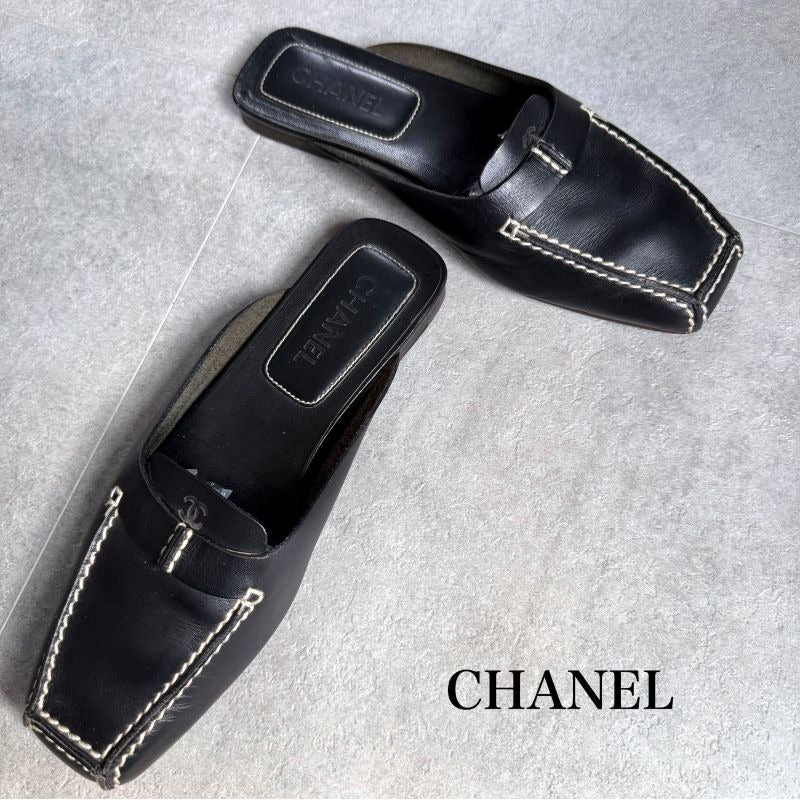 Chanel Coco Mark Leather Stitching Slip-on Sandals Black 34 1 2