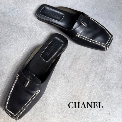 Chanel Coco Mark Leather Stitching Slip-on Sandals Black 34 1 2