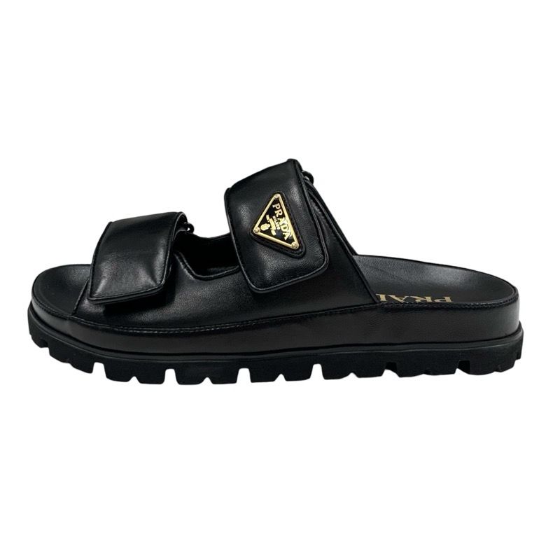 Prada Sandals Shoes Leather Black Unused Slide Sandals Triangle Logo