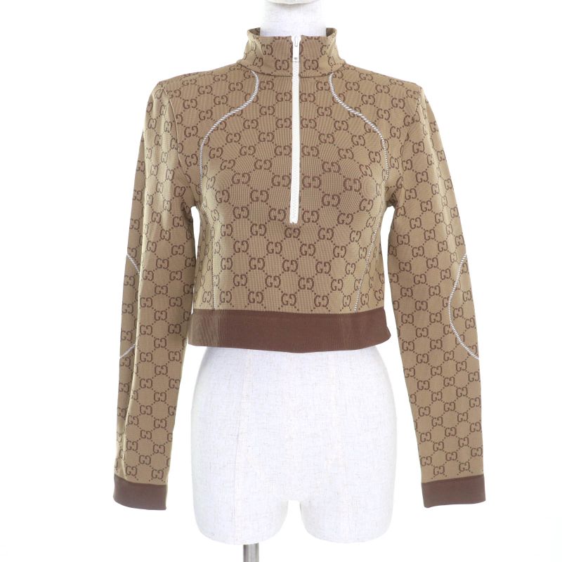 Gucci 23SS 715524 GG Pattern Half Zip Cropped Jersey Top Beige Brown M Made In