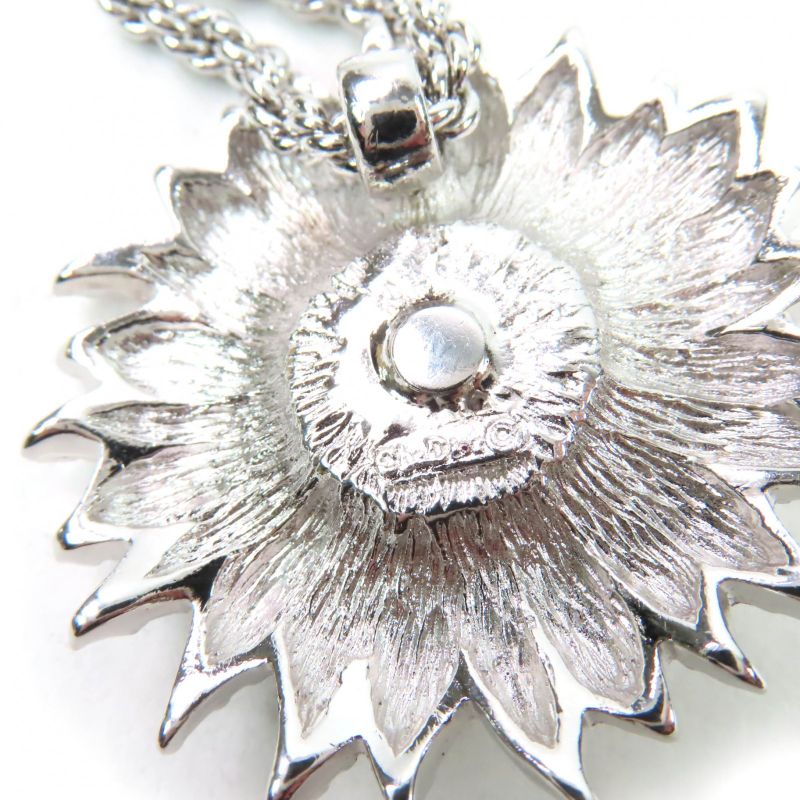 Christian DIOR Vintage Flower Design Pendant Necklace With Rhinestones Silver