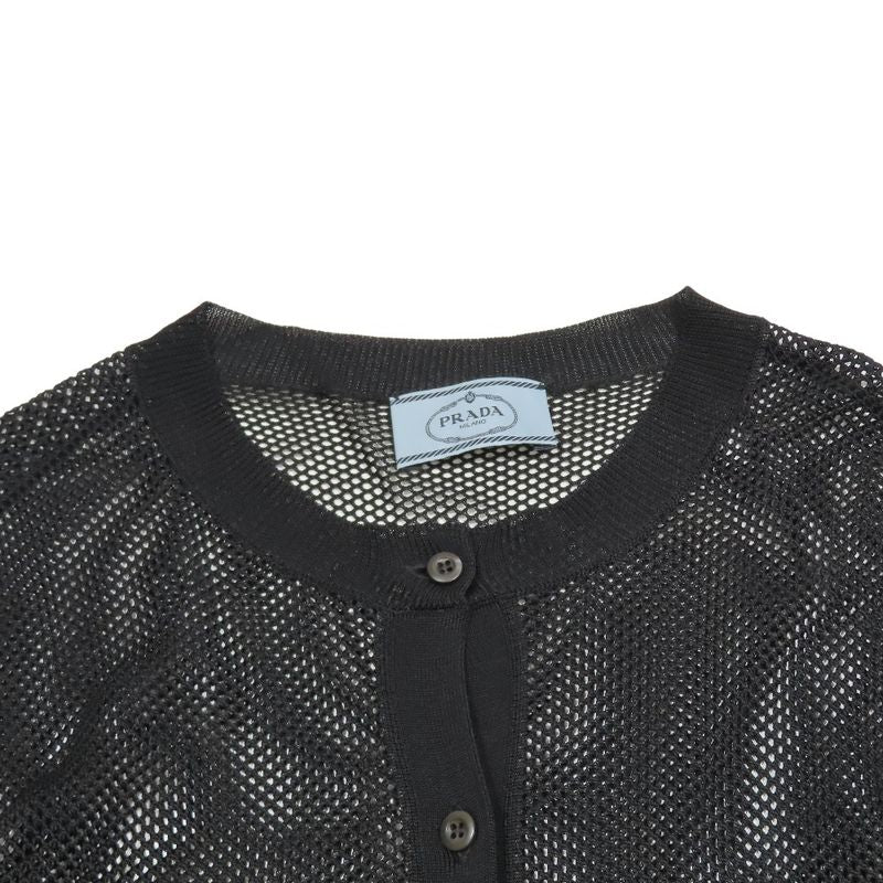 Prada Mesh Cardigan Knit Long Sleeves Crew Neck Woven Cut 38 Black Women Used