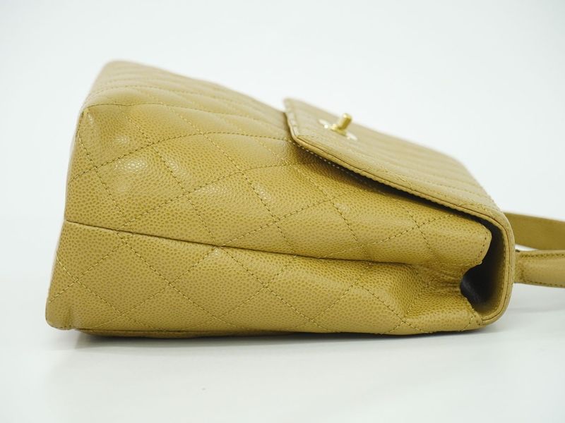 Authentic Chanel Coco Mark Matelasse Turnlock Handbag Caviar Skin Leather Beige