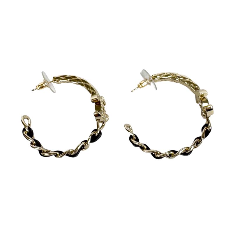 Chanel Hoop Earrings Rhinestone Materasse Coco Chain Leather Lambskin Black