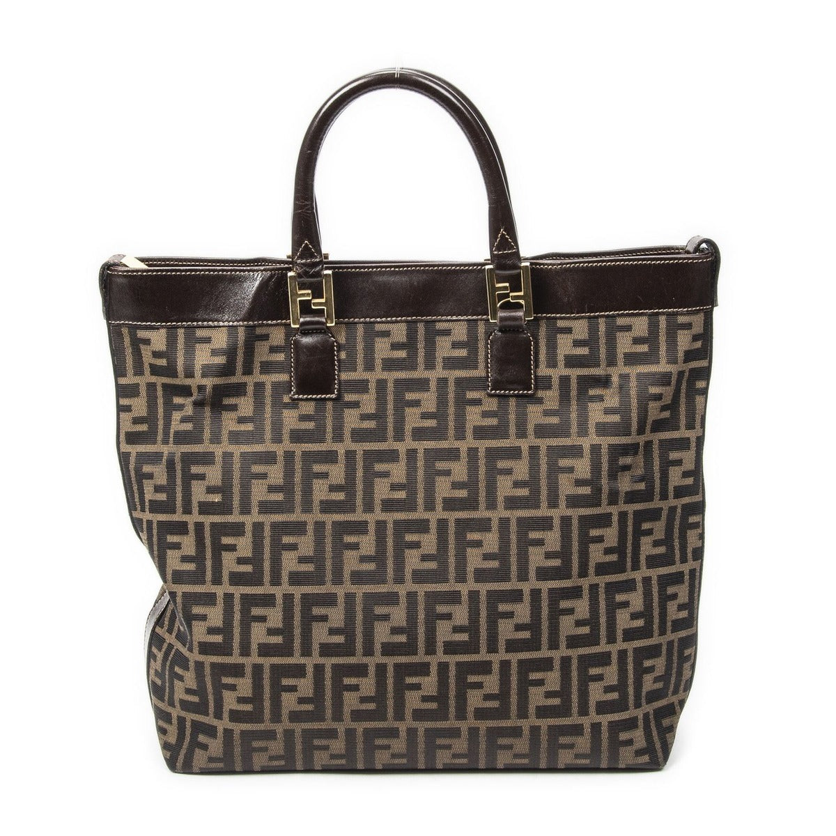Fendi Large Zucca Shopping Tote Tongue Dark Brown Canvas Tan — view 5